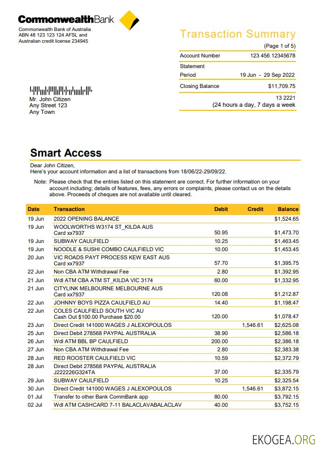 Relevé bancaire du Commonwealth d'Australie, modèle Word et PDF, 5 pages